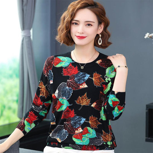 Autumn and winter ladies  round neck suit maple leaf theme bottoming shirt fashion printing shirt sweater