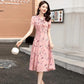 Sweet Chiffon Small Floral Bow Tie Dress Fairy Summer French Niche Short-sleeved Printed Slim Skirt Light and Breathable Mid-length Dress