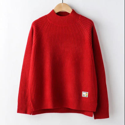 Women's Fashion Solid Color Half Turtleneck Pullover Sweater Casual Loose Large Size Side Slit Sweater