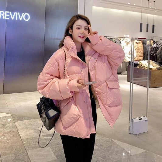 Loose Stand-up Collar Short Down Jacket Women Winter Diagonal Pocket White Duck Down Jacket