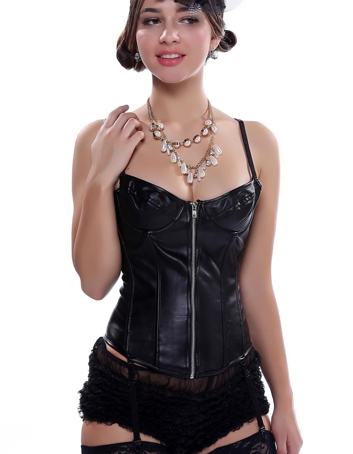 Women's Sexy Faux Leather Strap Bustier Racer Bustiers Top Leather Corsets Bustier Gothic PU Crop
