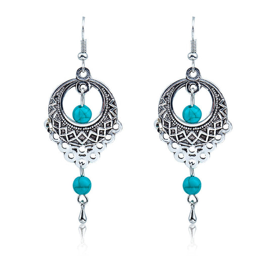 Fashion Vintage Ethnic Style Openwork Turquoise Water Drop Earrings Bohemian Tassel Earrings Jewelry