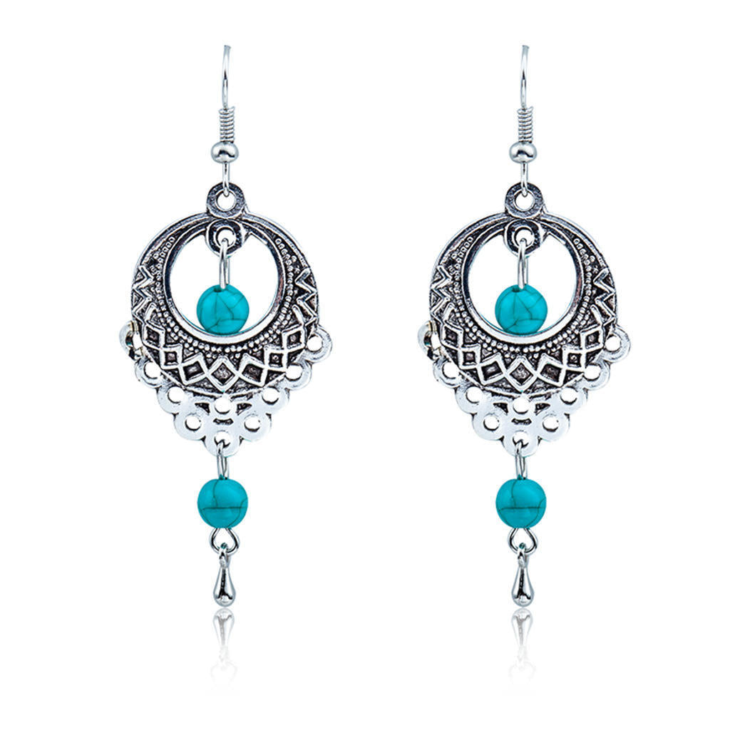 Fashion Vintage Ethnic Style Openwork Turquoise Water Drop Earrings Bohemian Tassel Earrings Jewelry