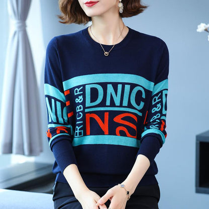 Autumn Winter Women's Printed Sweater Loose Large Size Jumper Long Sleeve Casual Round Neck Sweater Knitwear