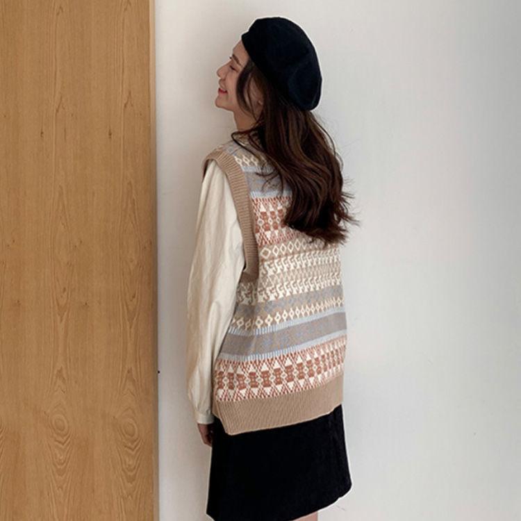 Autumn Loose Knitwear Women Students All-match V-neck Hit Color Top Sleeveless Outer Sweater Fashion Casual Vest Jacket