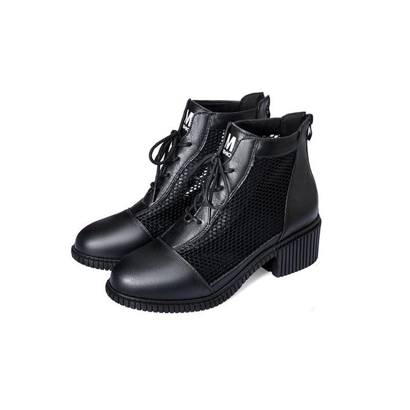 Ladies Mesh Breathable Cool Boots Spring and Autumn Middle Heel Lace Back Zipper Hollow Single Boots Thick Heel Martin Boots Women