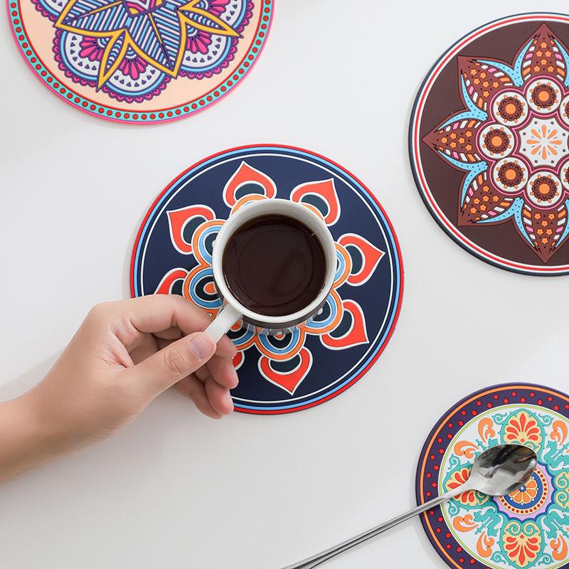 1/2/4pcs Mandala Pattern Creative Silicone Coaster Household Anti-scalding Mat Coffee Drink Coaster