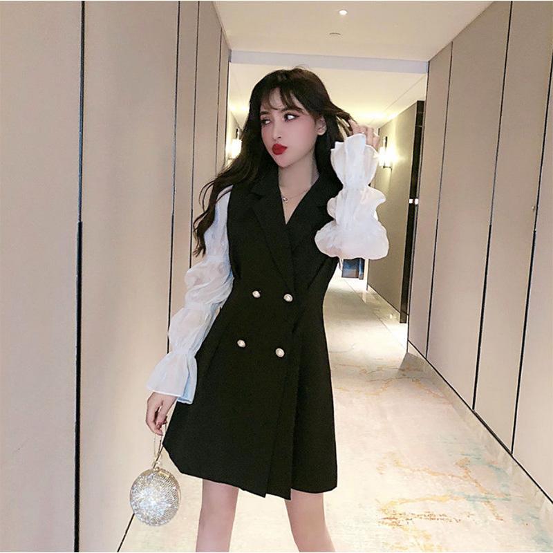 Goddess Fan Clothes Suit Skirt Double Breasted Temperament Bubble Long Sleeve Dress Women's