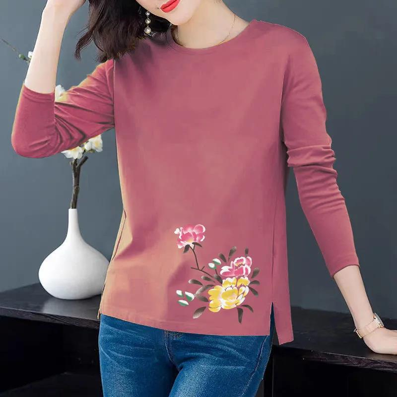 Spring & Fall Cotton T-shirt Women Casual Slit Top Peony Print Pullover Long Sleeve Bottoming Shirt