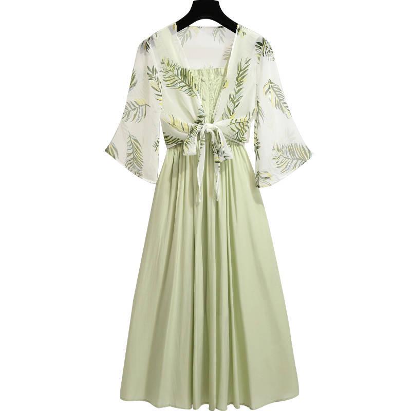 Pofulove Summer Dress Suit Floral Cardigan Shawl Blouse Ruffled Strap Dress Two-piece Chiffon Dress