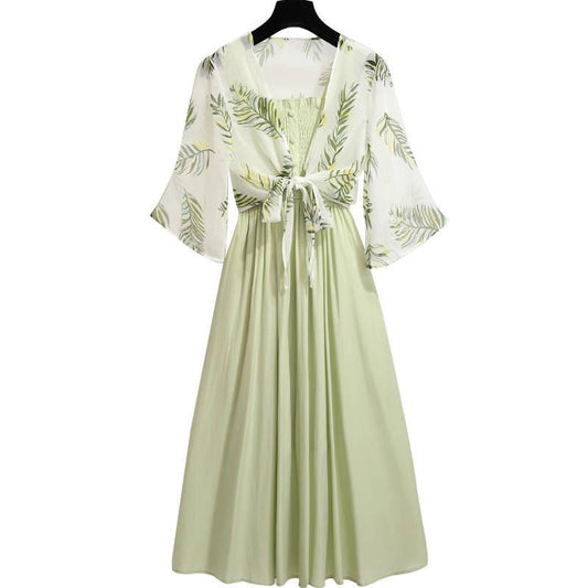 Pofulove Summer Dress Suit Floral Cardigan Shawl Blouse Ruffled Strap Dress Two-piece Chiffon Dress