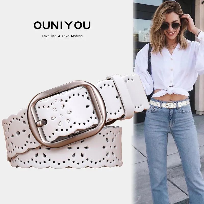 Women's Hollow Pin Buckle Leather Belt Casual Pants Belt Student Fashion Cowhide Belt Women's White Belt Black Waist Belts