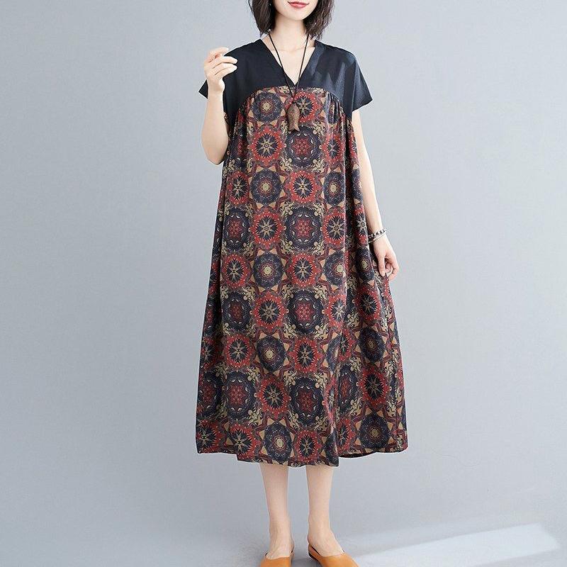 WTEMPO Ethnic Style Plus Size Ladies stitching Dress Summer V-Neck Long Dress Casual Mid-calf Length