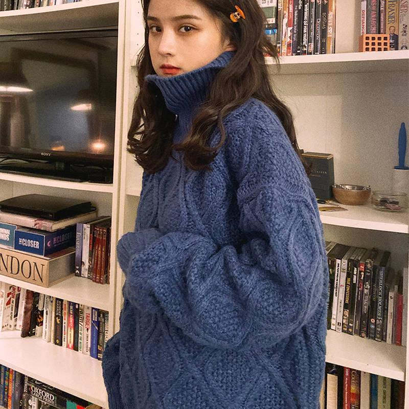 Pofulove Solid Color Thick Turtleneck Sweater Female Students Autumn Winter Lazy Wind Loose Twist Knitted Jacket Pullover