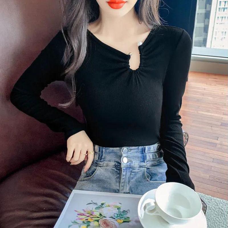 Women's Spring and Autumn Long Sleeve Top Solid Color Slim Fit All-match Bottoming Shirt