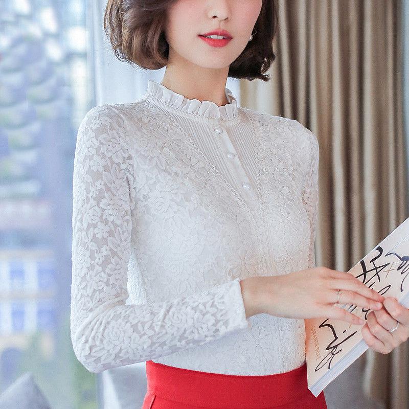 Fashion Trend Ladies Lace Sweater Autumn and Winter Slim Sexy Plus Velvet Thick Warm Blouse
