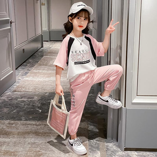 Girls Summer Korean Version Suit Printing Pullover Short-sleeved Casual Loose Trousers Breathable and Comfortable Sports Two-piece Set