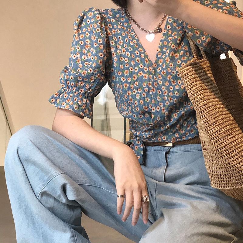 Puff Sleeve Floral Short-sleeved Chiffon Shirt Women's Summer Korean Design High-waist Short Top