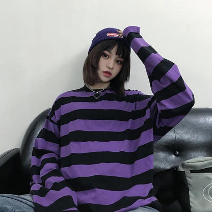 Purple Striped Goth Long Sleeve Emo Scene EGirl Shirt 2000s Oversized Long-Sleeve Lil Peep Street Gothic Fashion TikTok Harajuku Punk Outfit