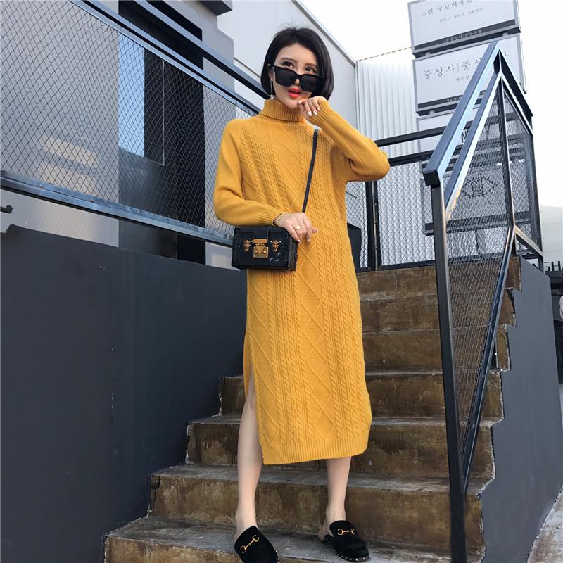 Women Turtleneck Knitwear Dress Long Knitted High Waist Solid Color Sweater Skirt Thick