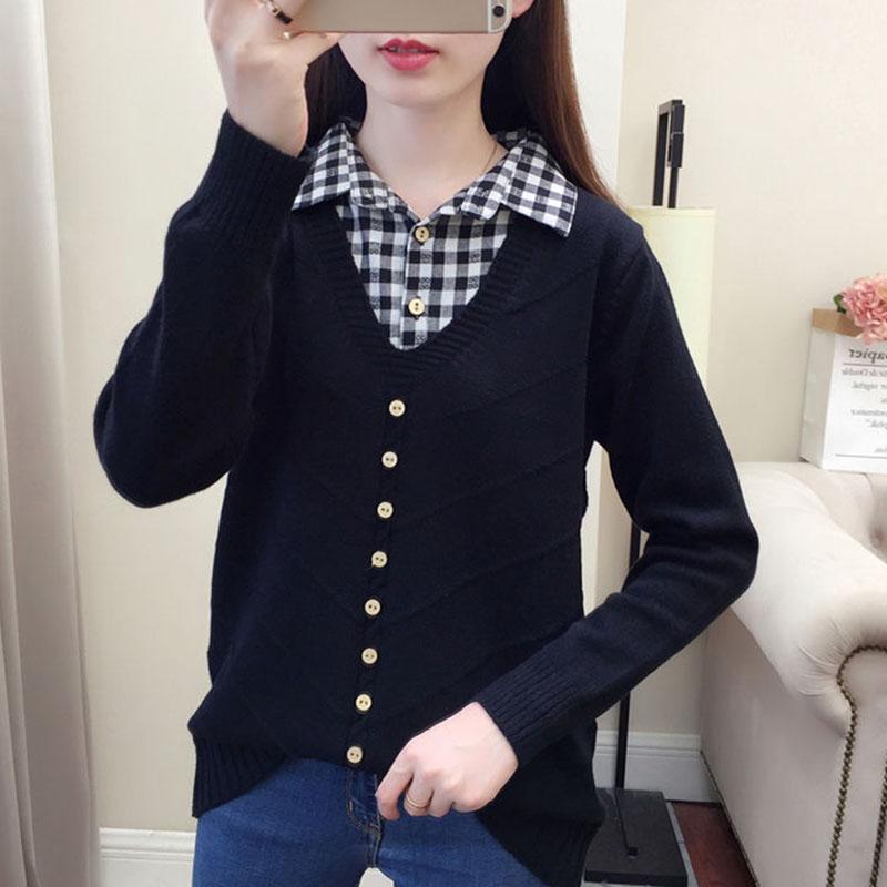 Autumn/Winter Korean Patchwork Pullover Loose Lapel Sweater Female Fake Two Piece Pullover Knitted Sweater Top