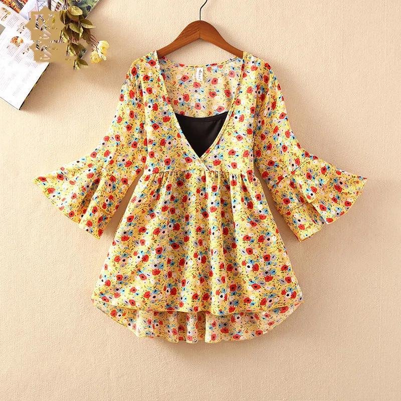 Floral chiffon shirt female summer student large size loose shirt short-sleeved top