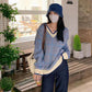 Women's Purple V-Neck Soft Mid Length Sweater Loose Lazy Chic Knit Sweater