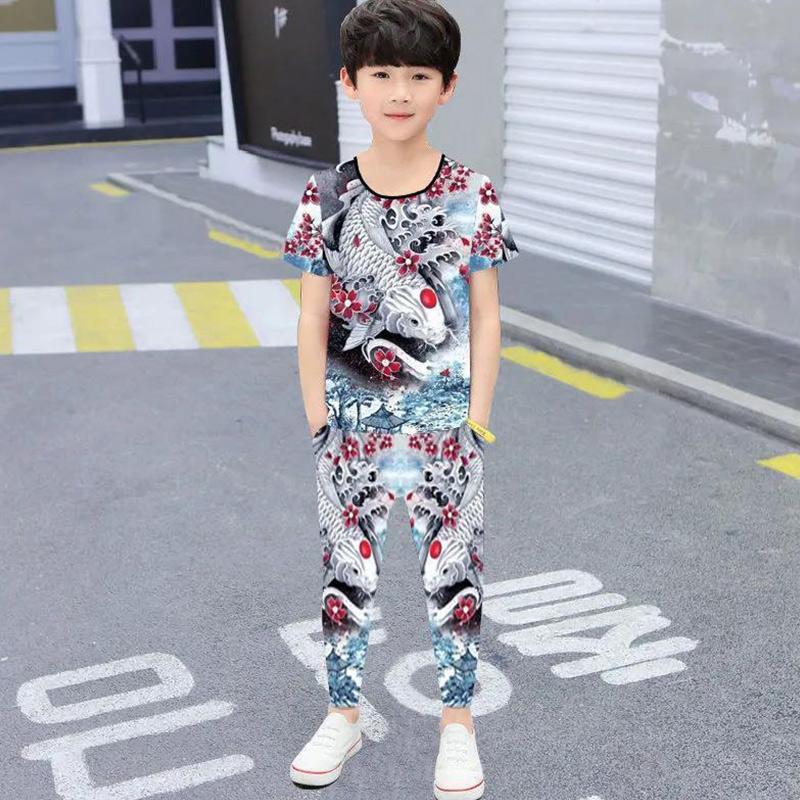 Boys Summer Handsome Short-sleeved Clothes Suit Children's Sports T-shirt Spring and Autumn Trousers Trendy