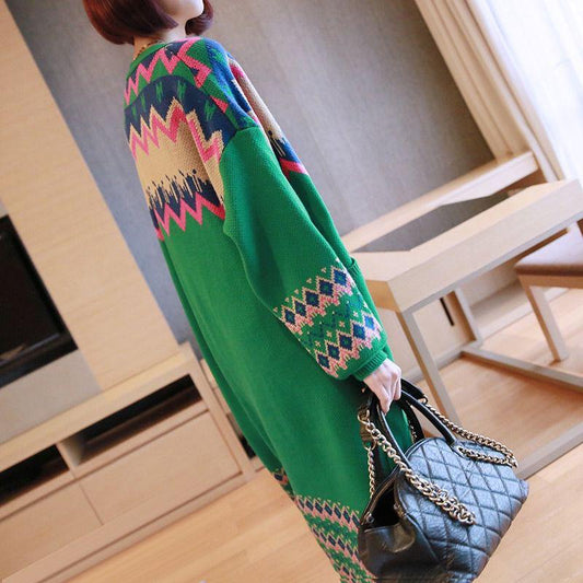 Vintage Rhombus Printed Knitted Cardigan Sweater Women Spring Autumn Oversized Knitted Jacket Loose Long Knitwear Outer Wear