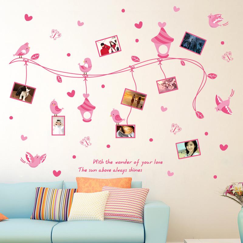 Rotten bird photo frame removable bedroom living room decorative wall stickers pink birds wallpaper