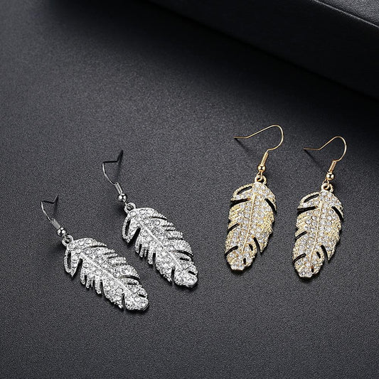 Feather of Love Bohemian Leaf Rhinestone Necklace Earring Set Feather Shaped Zircon Jewelry Set