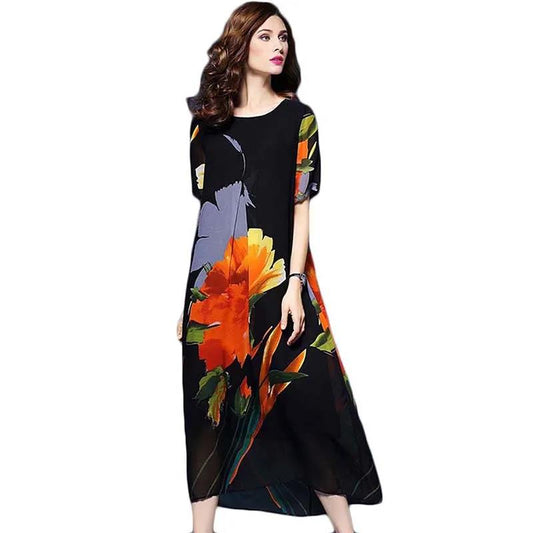 Women Summer Vintage Short Sleeve Round Collar Holiday Dress Elegant Loose Chiffon Floral Printed Long Dress