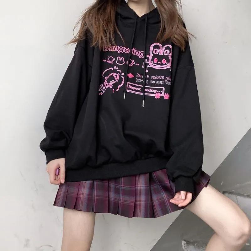 Sweatshirts Anime Hoodies Pink Cartoon Printed Hooded Tops Black Fashion Streetwear Fall Winter Pullover Hoodies Loose Harajuku Hip Hop Sweatshirt