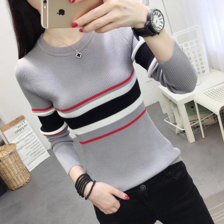 Striped bottoming shirt long-sleeved sweater sweater women's autumn round neck sleeve fashion