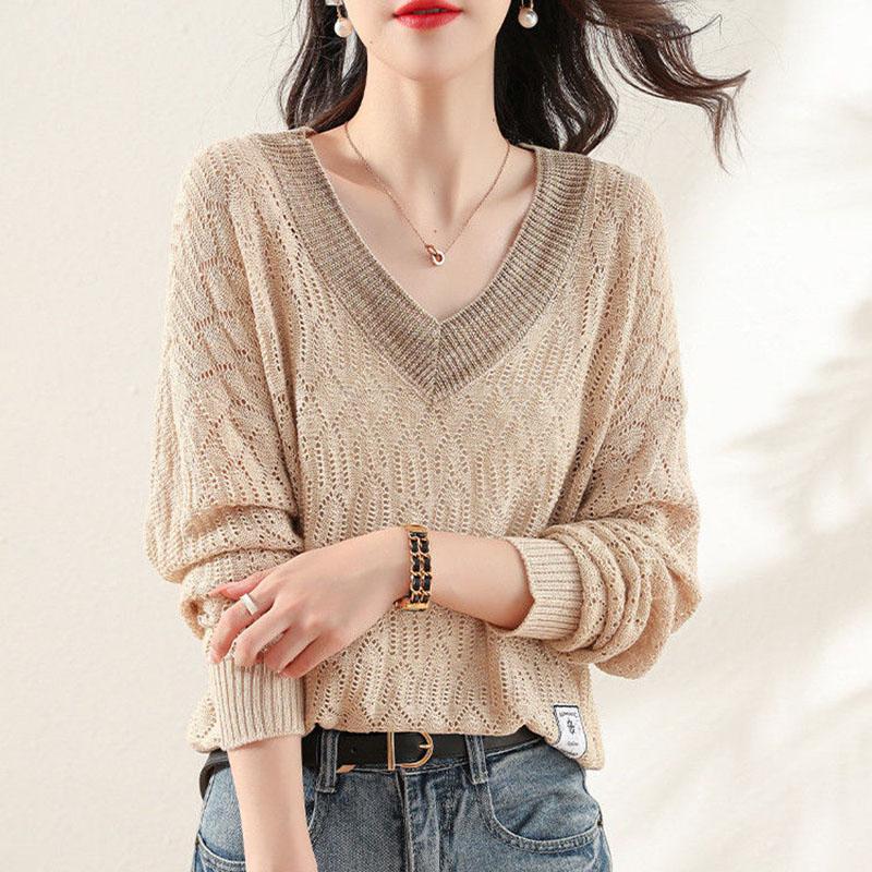 Sweater Women's V-neck Crochet Hollow Knitwear Pullover Thin Ladies Style Top Loose Trending Sweater Spring and Autumn Fluffy