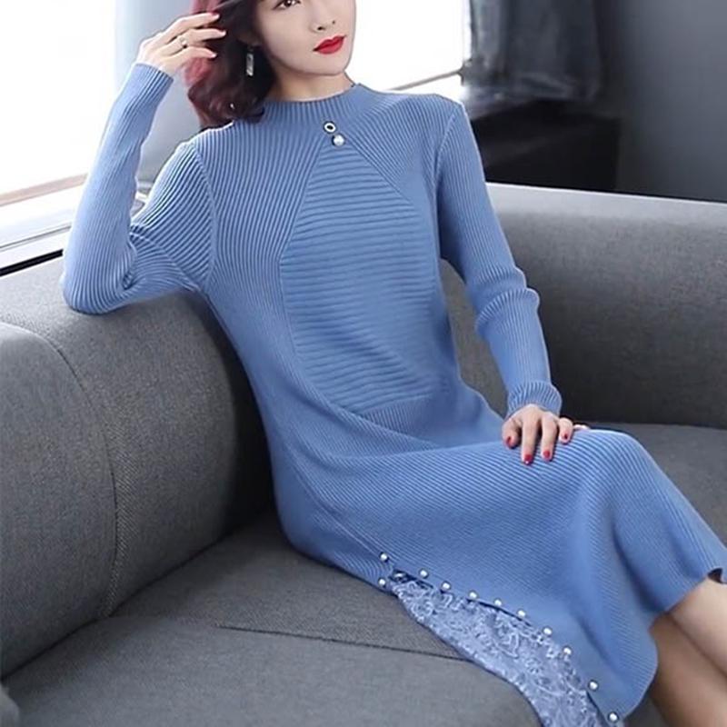 Sweater Dress Female Long-sleeved Autumn Winter Thickened Over Knee Knitted Skirt Black Long Skirt