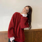 Pofulove Plus Velvet Thickened Lamb Sweater Sweater Women Loose Coat Winter Fake Two Lace Christmas