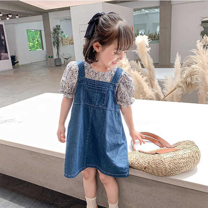 2PCS Children Clothing Set Spring Summer Girls Suits Floral Short Sleeve Tops + Denim Skirt Clothing Hin Strap Skirt Suit