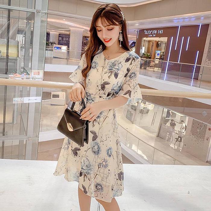 Pofulove S-4XL Women Summer Sweet Printed Chiffon Dress Slim Midi-length V-neck A-line Beach Skirt