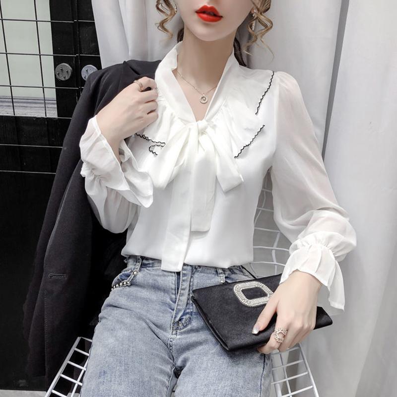 Spring and Summer Tied Wide Loose Long-sleeved Bow-knot Shirt Female Design Sense Niche Chiffon Shirt Top Trumpet Sleeve Bow Neckline Lady