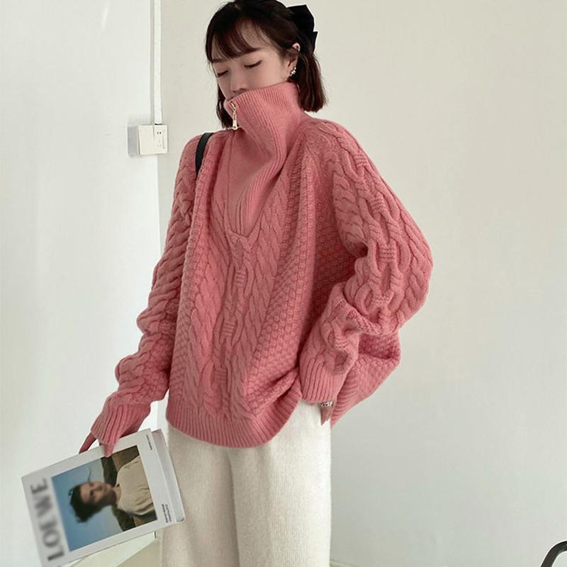 Retro Twist Zipper High Neck Pullover Sweater Women Loose Long-sleeved Lapel Cropped Top Autumn Winter