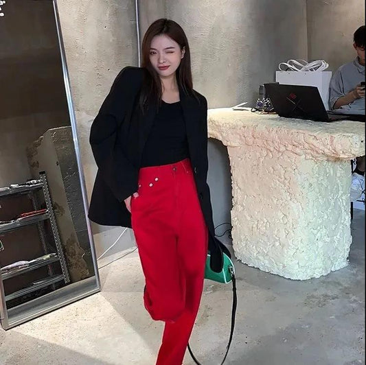 Christmas Red Jeans Female Spring Autumn High Street Loose Straight Mop Wide Legs Tide