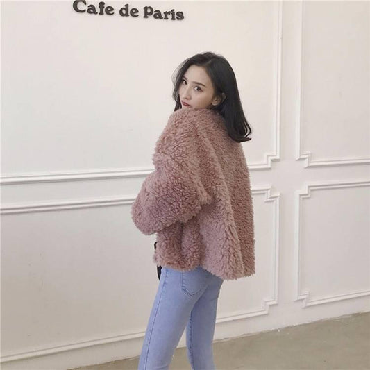 Harajuku Coat Women Long Sleeve Imitation Lambskin Jacket Ladies Casual Loose Warm Outwear