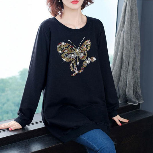 Letter Butterfly Rhinestones Pullovers Tees Spring Autumn Women Clothing Fashion Casaul Long Sleeved Round Neck T Shirt Female Loose Tops
