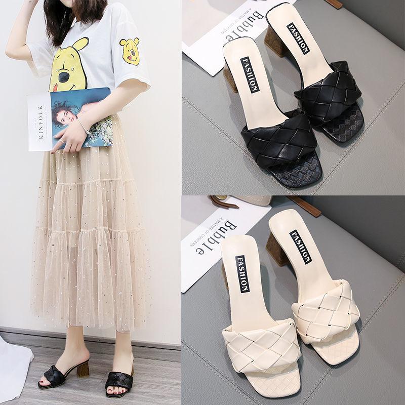 Women's Shoes  Summer Slippers  Open-toe Women's Outer Wear Thick-heeled High-heeled Square-toed Sandals   Slippers