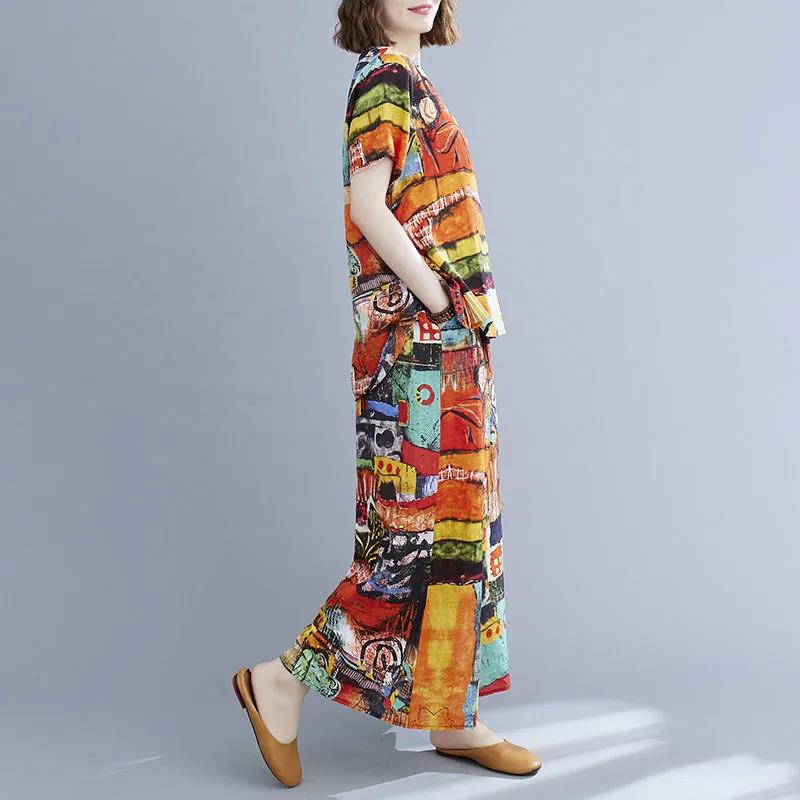Two-piece Suit Cotton Large Size Ethnic Style Suit Female Summer Literature and Art Retro Short-sleeved Wide-leg Nine-point Pants Loose