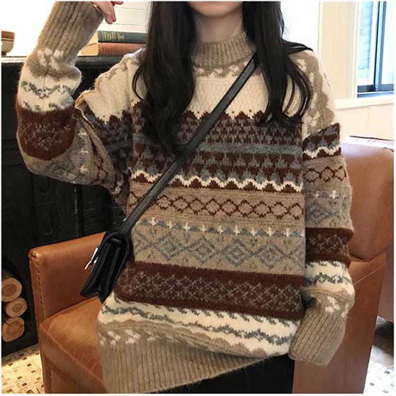 Retro Winter Pullover Sweater Women Loose Loose Lazy Round Neck Long Sleeve Bottoming Shirt