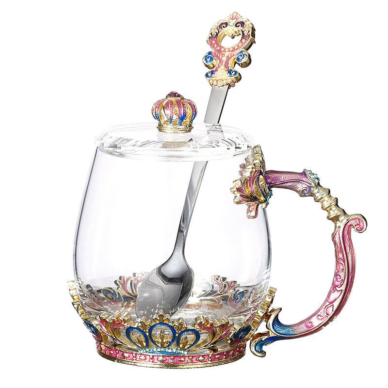 Retro Enamel Color Water Cup Flower Teacup Personality Trend Glass Female Teacup Creative Home Coffee Cup with Lid Spoon