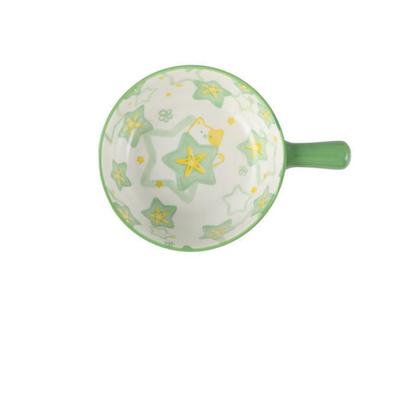 Cartoon Instant Noodle Bowl Ceramic Household Fruit Salad Bowl Cute Girl Heart Handle Baking Bowl Fruit Bowl