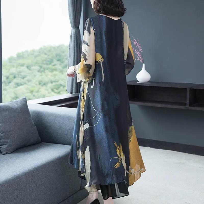 Summer Women's Dress Middle-aged Mother 3/4Sleeve Round Neck Printing Mid-length Daily Wear